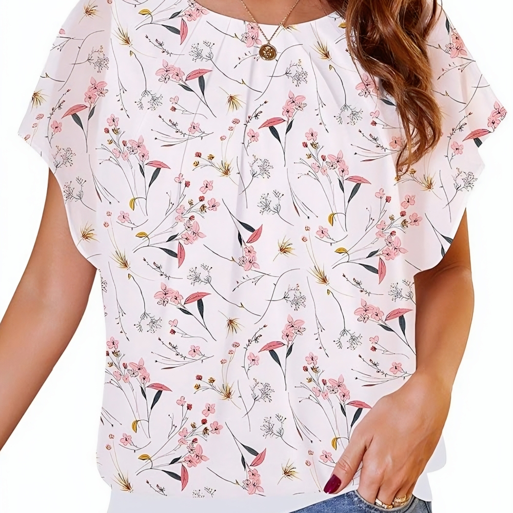 Flounce Batwing Floral Pink Women's Top (Sz. XL)